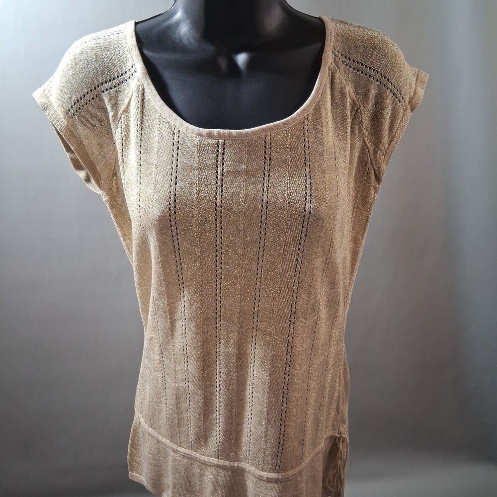 Studio Y Beige Gold Metallic Open Knit Drawstring Hem Short Sleeve Top Y2K